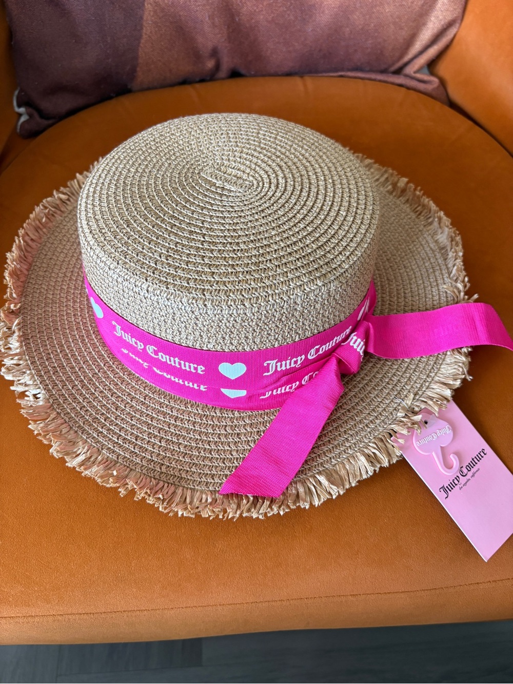 Juicy Couture Natural Straw Hat with Bright Pink Logo Ribbon